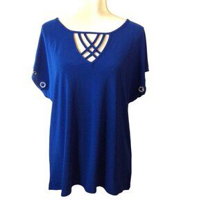 Love Scarlett Blue Blouse with Criss Cross Chest & Short Sleeves Size XL